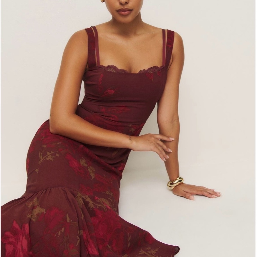Reformation bustier Lace Trim Burgundy Floral Satin Slip Dress